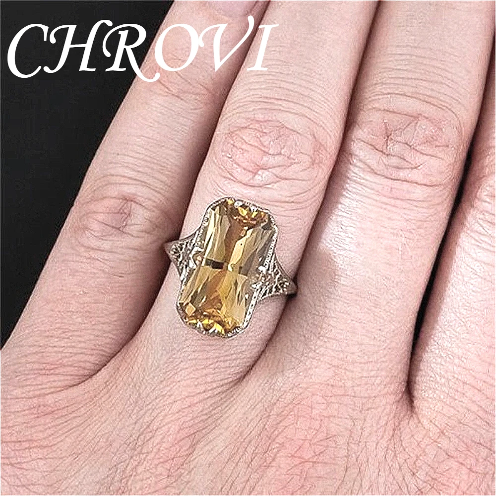 Light Luxury 925 Sterling Silver Yellow Crystal Hollow Carved Ring, Exaggerated Silver Jewelry Ring, Unisex, Sizes 6,7,8,9,10