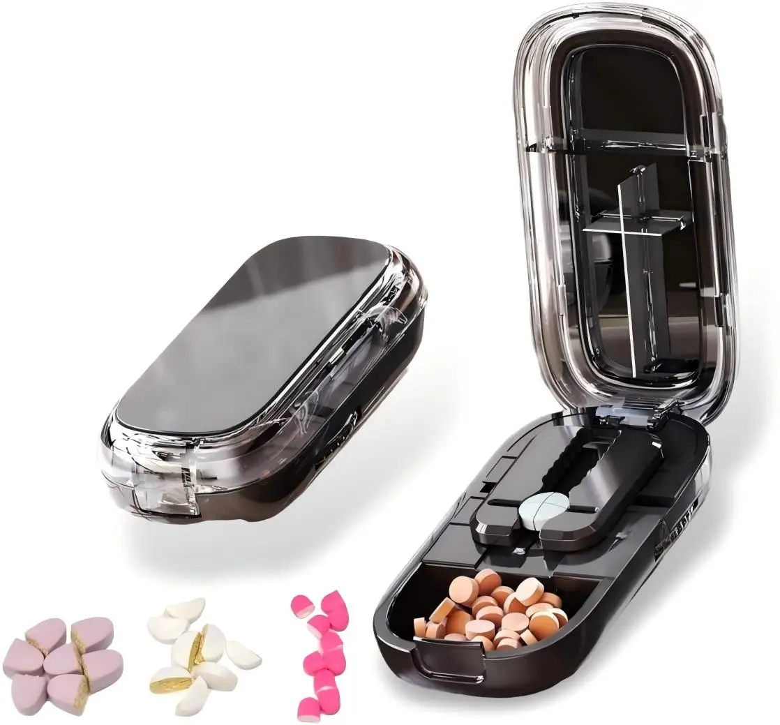 

Пластиковый контейнер для таблеток 2-в-1 с резаком, дорожный органайзер и разделитель для таблеток, компактный футляр для ежедневных лекарств и витаминов