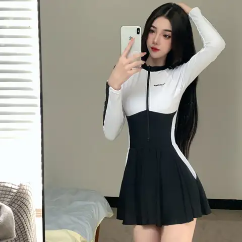 원피스 수영복 여성 보수적 인 수영복 학생 수영장 특별 긴팔 선 스크린 스포츠 수영복