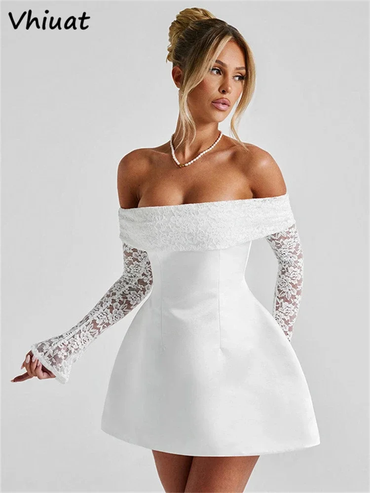 Vhiuat Strapless Off Shoulder Long Sleeve Lace Mini Dress Zipper Mini Dresses Birthday Party A-Line Bodycon Club Party Dress