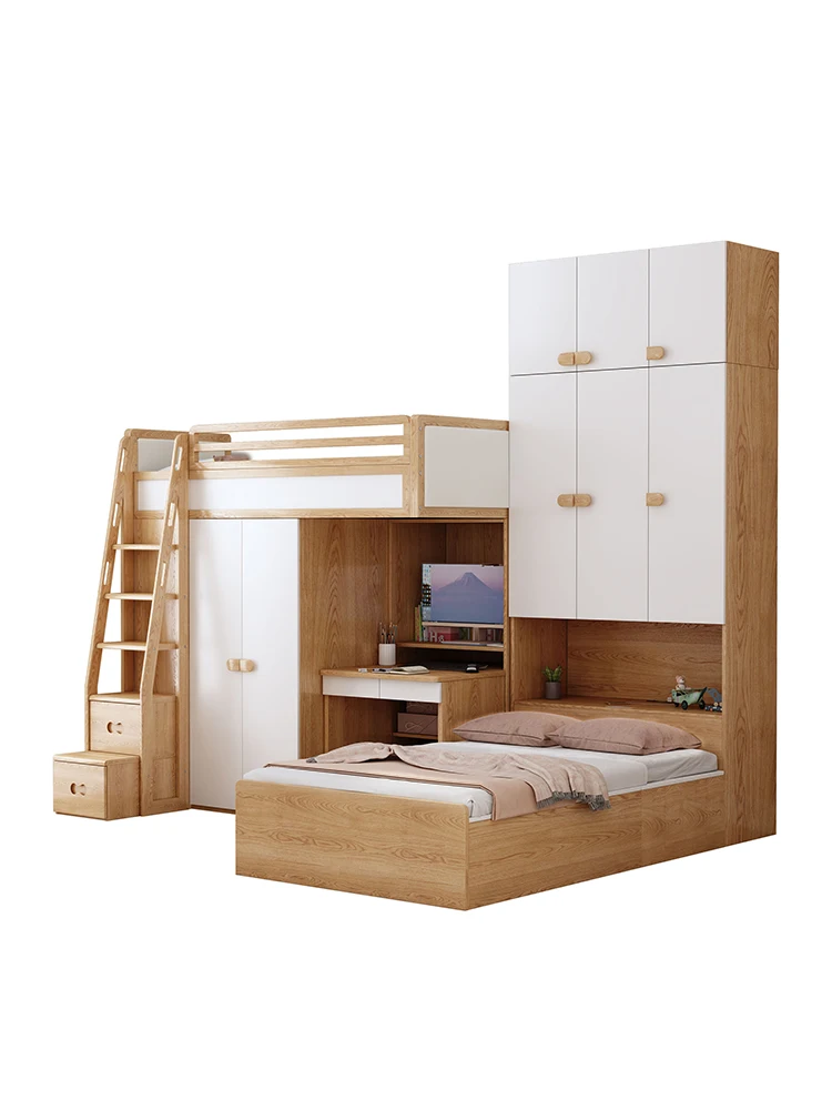 Staggered combination bed, high and low children's bed, wardrobe, desk, sub mother bed