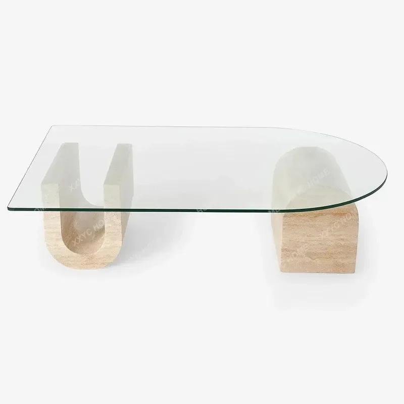 XX Light Luxury Living Room Tempered Glass Coffee Table Rectangular Modern Simple Natural Travertine  Coffee Table