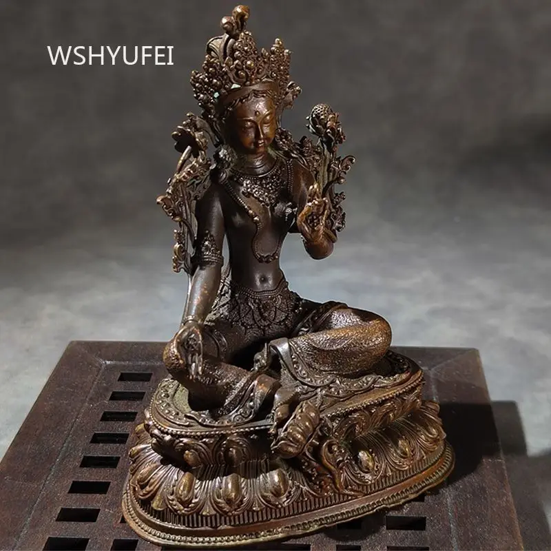 Tibetan Bronze-Colored Green Tara Statue Oxidized Alloy Buddha Figurine on Lotus Base for Home Altar and Meditation Decor