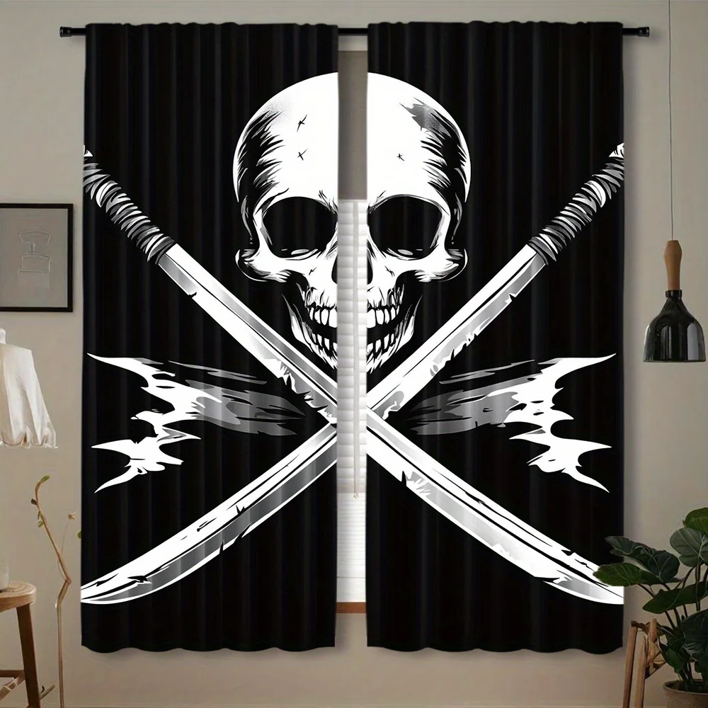 Skull Cross Katana Rod Pocket Curtain Black White Skeleton Sword Gothic Decor Teen Boy Game Room Man Cave Bay Window