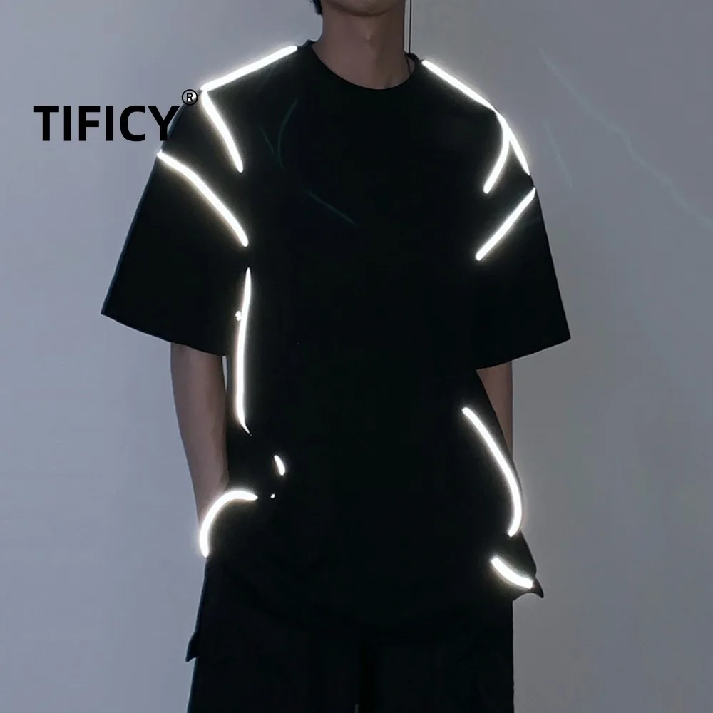 

Reflective Korean Style Short Sleeved T-shirt Men's Summer Youth Cotton Round Neck Pullover Five Quarter Sleeve T-shirt Tops