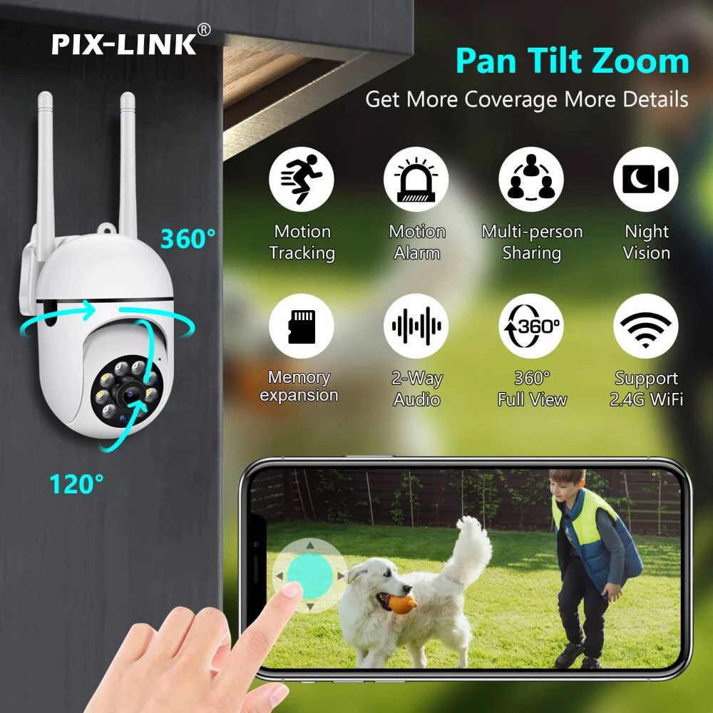PIX-LINK 1080P/2MP Full HD Pan Tilt WiFi Camera 355° Motion Detection Tracking 2-Way Audio Night Vision Home Security Camera
