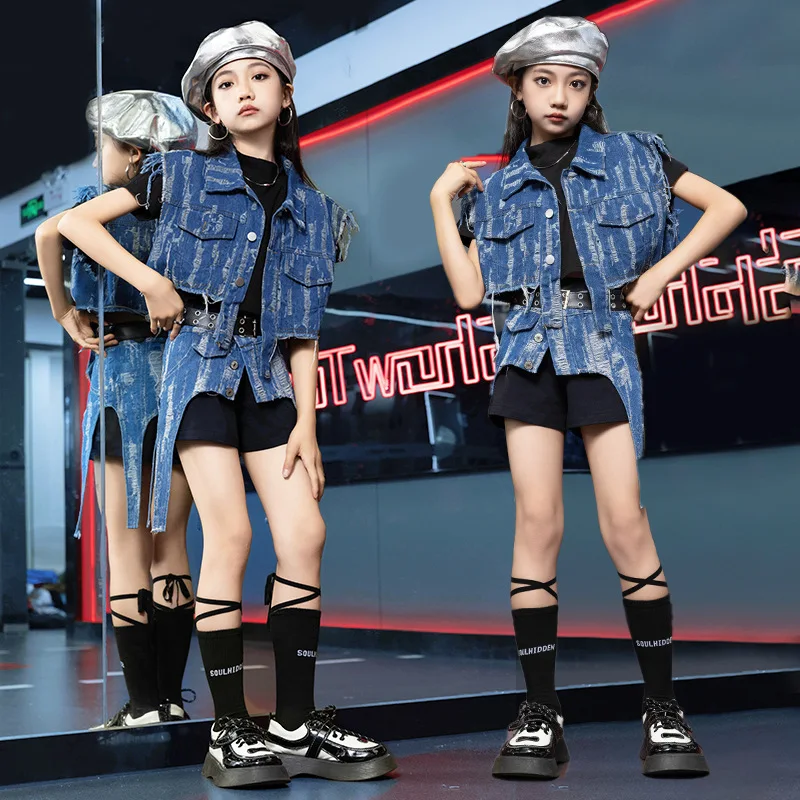 Kid Cool Hip Hop Clothing Ripped Denim Blue Vest Crop Top Black Casual Shorts Jeans Belt for Girls Jazz Dance Costumes Clothes