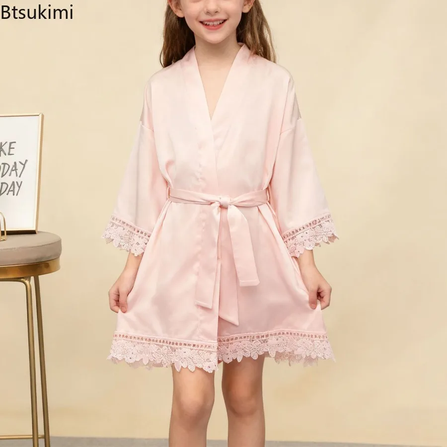 Dziecięcy szlafrok z jedwabiu lodowego, jednolity kolor, matowa koronka, szlafrok poranny, piżama, gładki, miękki, wygodny, codzienny szlafrok do spania dla dzieci.