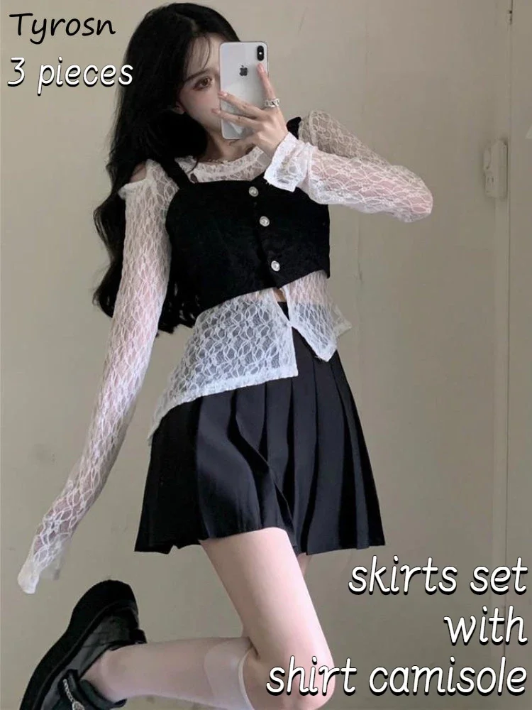 Mini Skirts Sets Women Pleated Design Camisole Slim Sweet Shirts Asymmetrical Ulzzang Sexy Summer Hot Girls Off Shoulder