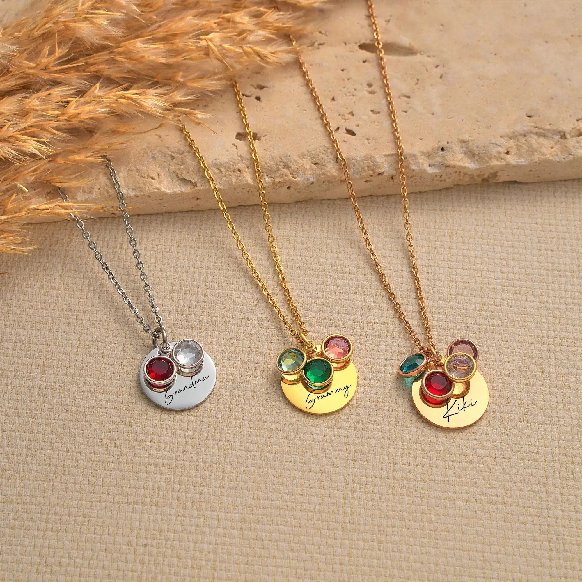 

DOREMI Customized Engraved Letters 12 Birthstone Necklace Stainless Steel Engraved Disc DIY Necklace With Family Name Chain