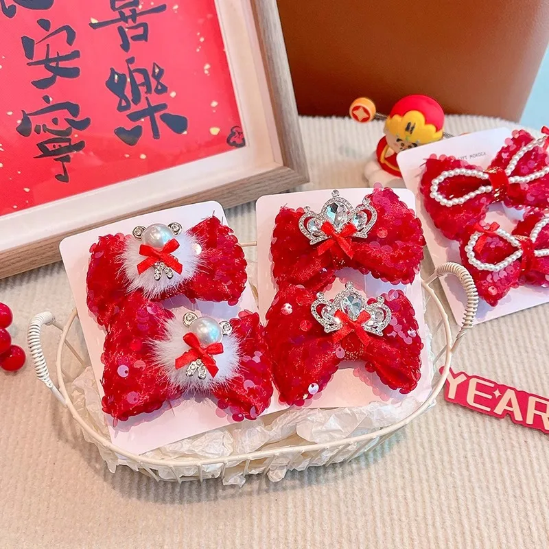 Neue rote Pailletten-Haarspangen mit Schleife für Mädchen, Frauen, Kinder, Kunstfell, Perlen, Strass-Kronen-Dekor, Haarspangen, Geschenk zum chinesischen Neujahr 2026 – Detail 3