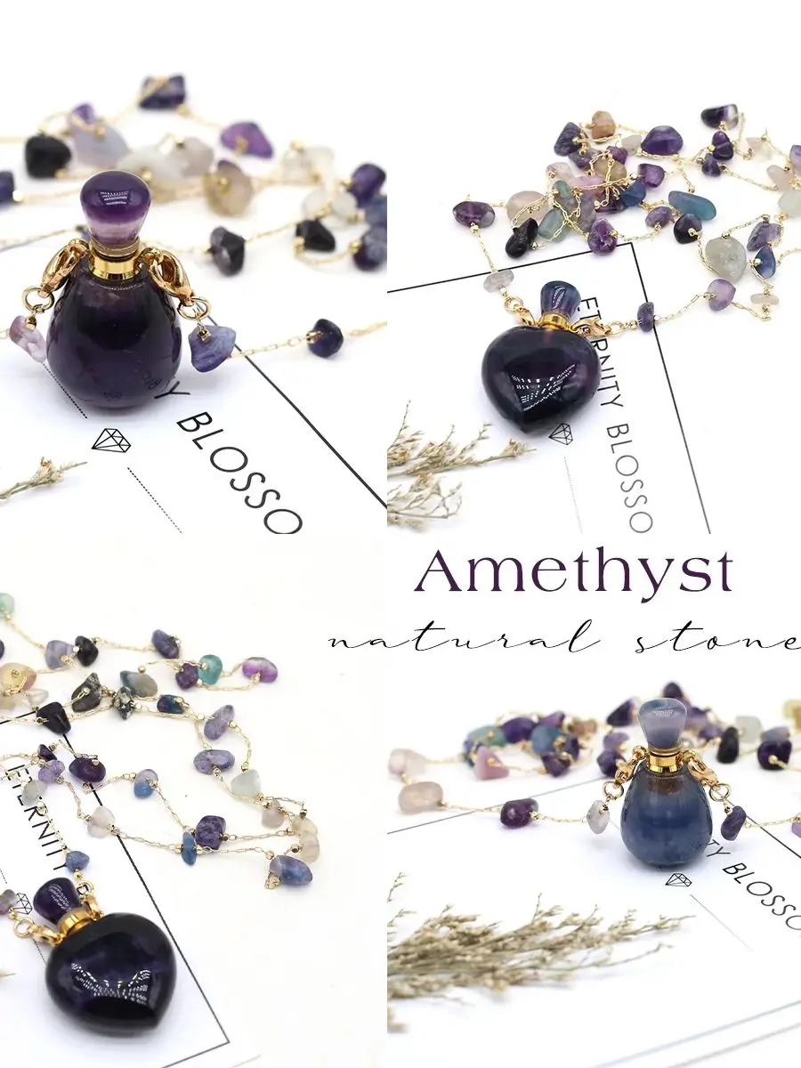 AliExpress NONE Amethyst Perfume Bottle Necklace Heart Shape Pendant Essential Oil Diffuser Gravel Chain 80cm Charming Jewelry Accessories