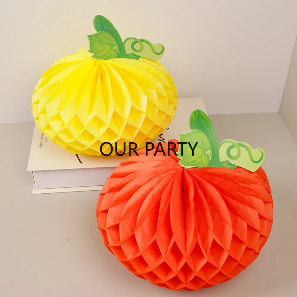 1Pcs Pumpkin Paper Honeycomb Ball Hanging Halloween Desktop Ornaments for Thanksgiving Day Autumn Harvest Birthday Party Decor