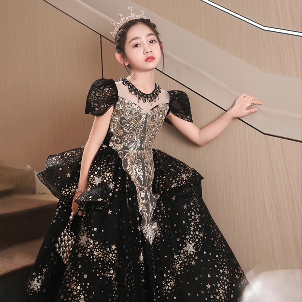 Girls Black Princess Dress 3-8T Light Luxury O-Neck Beading Short Sleeved Puff Prom Gown Golden Sequins Flower Girls Dresses