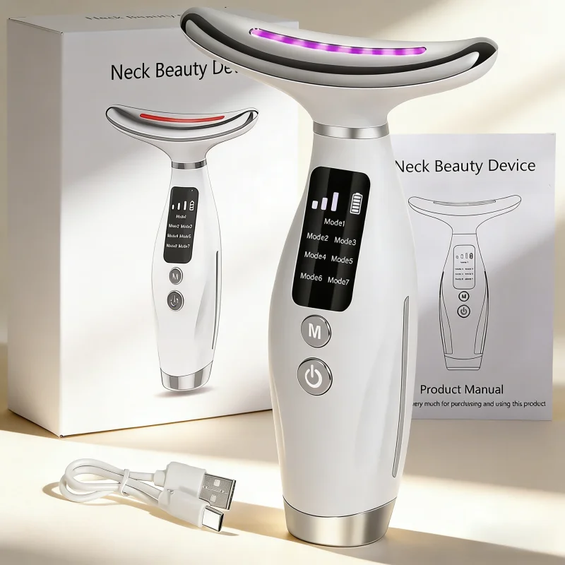 Neck and face massager, seven-color facial care device, skin care massage instrument, cleansing and beauty care, portable design
