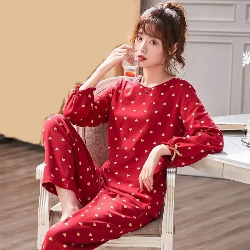 Long Sleeve Bright Red Get Married  A Loungewear Set Comfort Soft 100% Double-sided Cotton Pajamas Ms. Spring and Winter Style