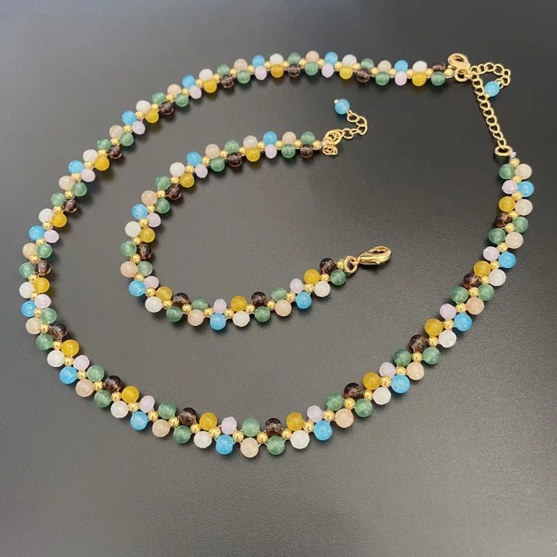 

Fashion French Sweet Colorful Beaded Woven Strand Chain Natural Stone Necklace Bracelet Set Decoration for Clothes