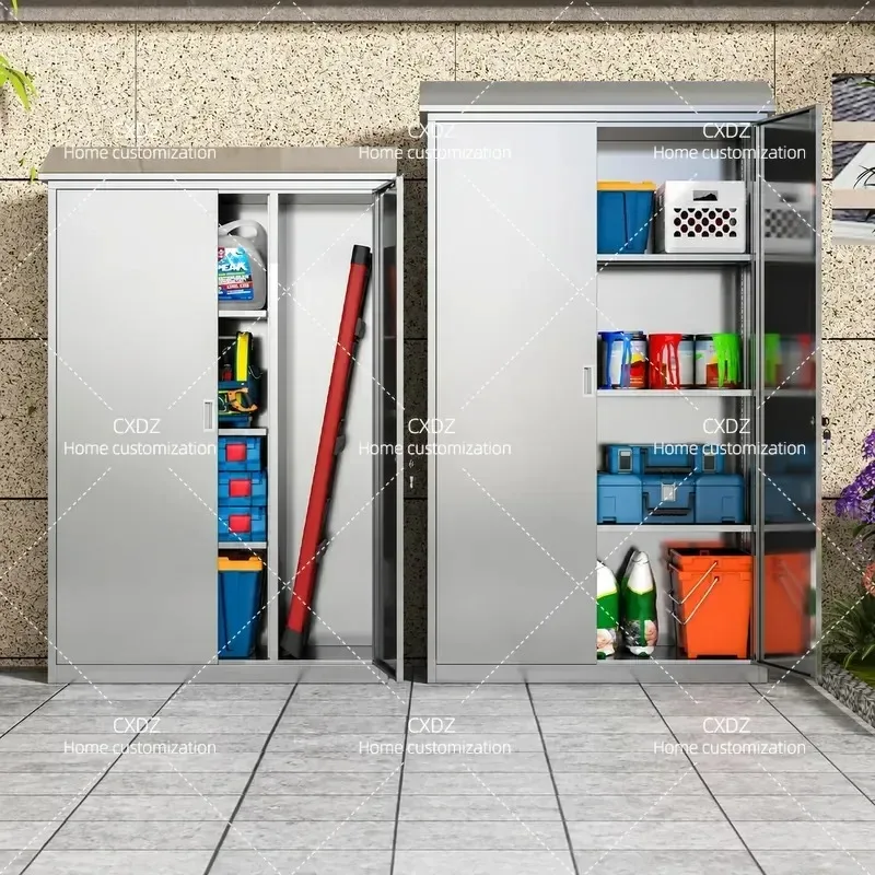 304 Stainless Steel Outdoor Storage Cabinet with Lock Garden Tool Locker Weatherproof Utility Shed for Patio Yard Garage