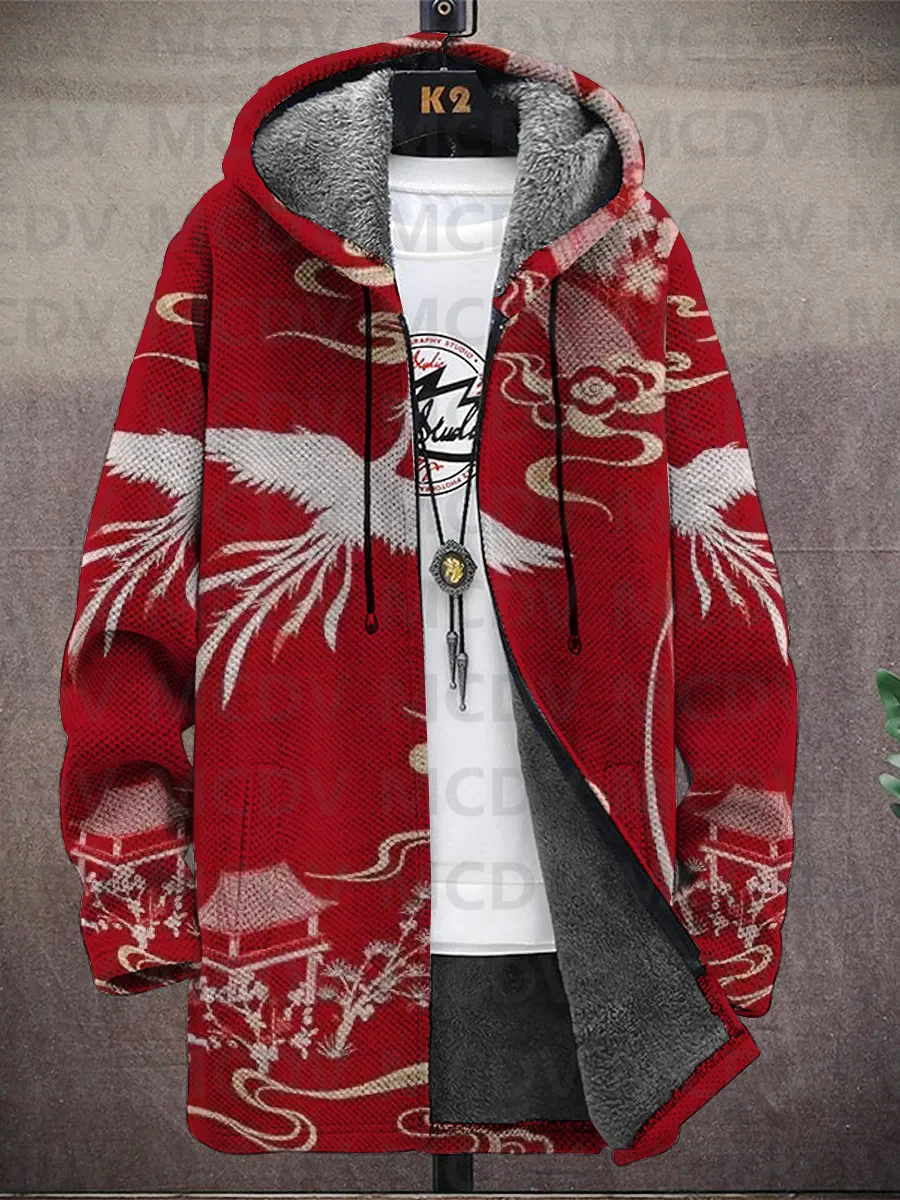 Men\'s Japanese Style Crane Print Hooded Two-Pocket Fleece Cardigan Jacket