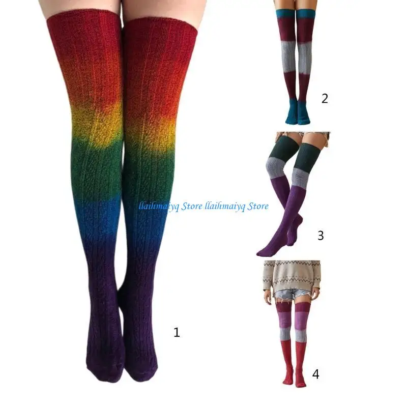 

573B Womens Winter Leg Warmers Cable Knitted Rainbow Thigh High Boot Socks Colorblock Tie Dye Over The Knee Long Stockings