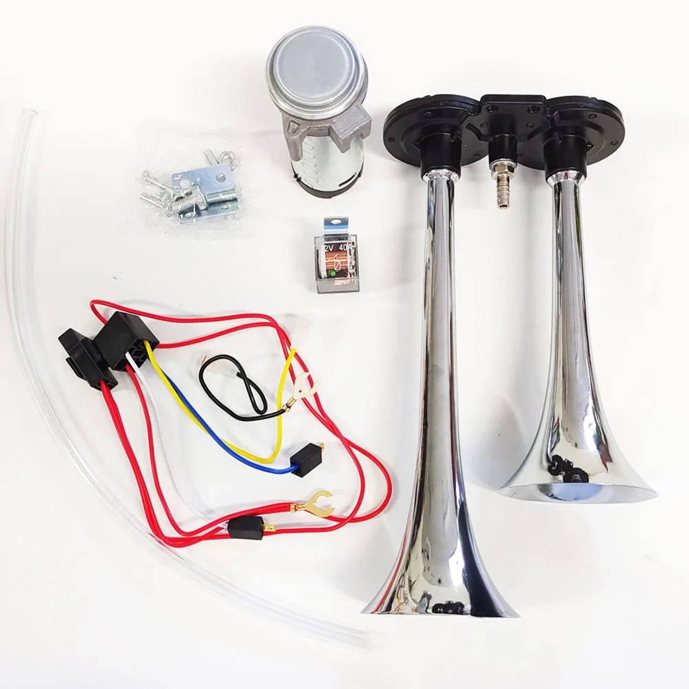 12V 150dB רכב אוויר הורן ערכת, סופר Loud Twin טון כרום מצופה אבץ כפולה חצוצרת אוויר הורן עם מדחס עבור כל 12V כלי רכב C