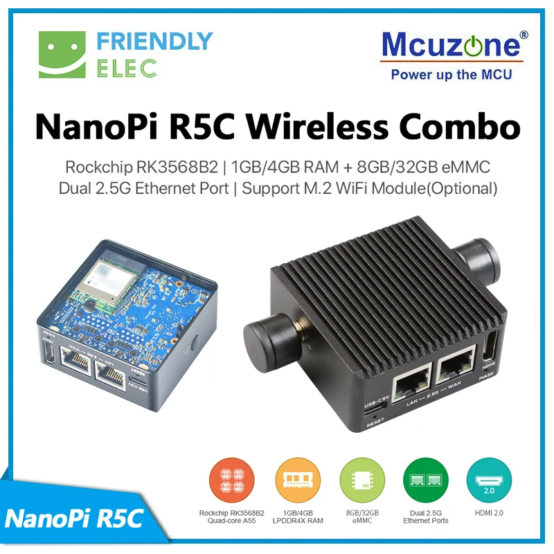 NanoPi R5C-WiFi Rockchip RK3568B2 | Porta Ethernet doppia 2,5G eMMC da 4 GB di RAM+32 GB |   Supporta il modulo WiFi M.2 (opzionale) RTL8822CE