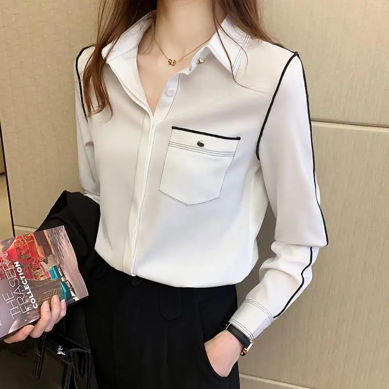 White Chiffon Shirt Women\'s Long Sleeve Spring Long Sleeve Polo Neck Contrast Loose Fashion Blouse Casual Office Lady Clothing