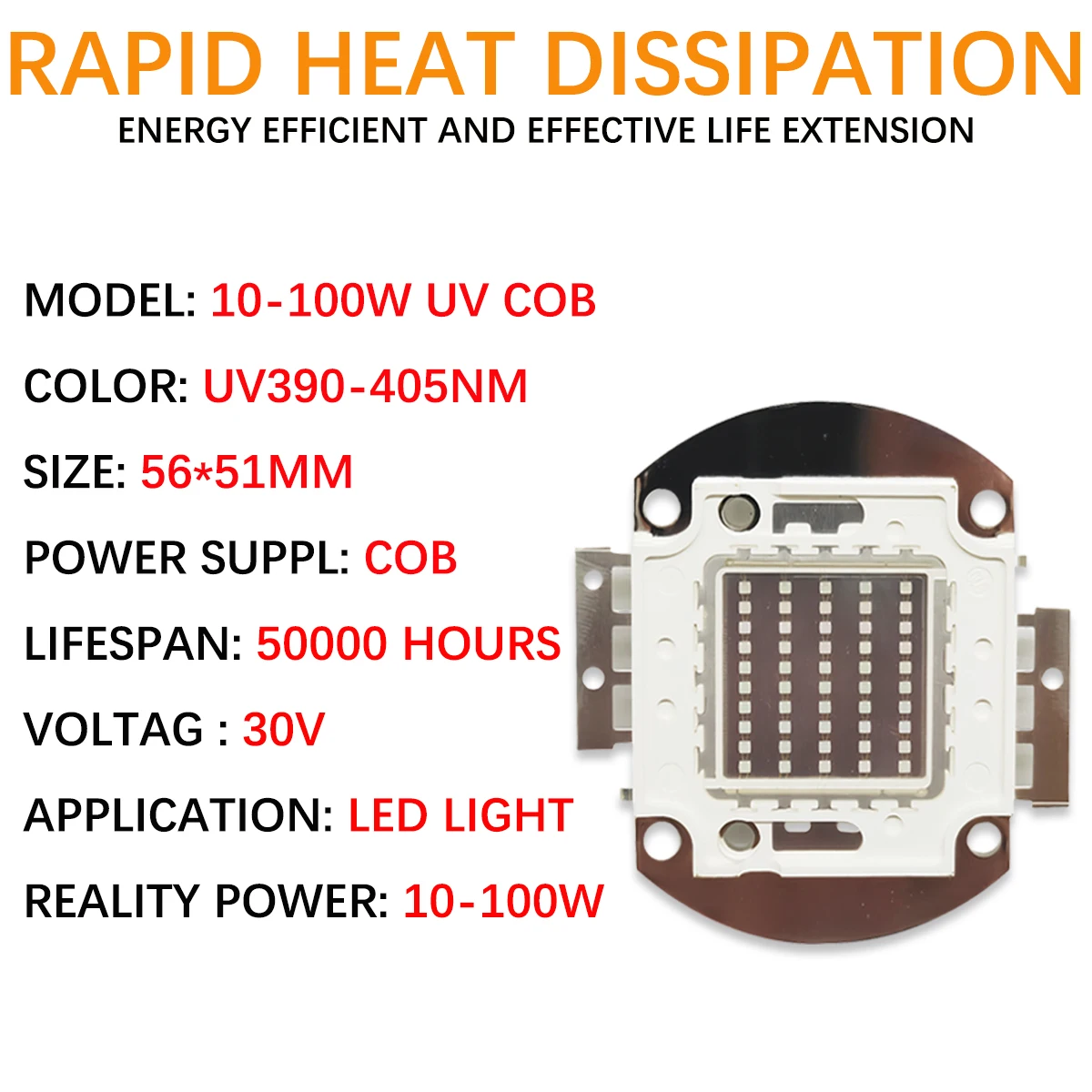 UV Purple LED Ultraviolet Bulbs Lamp Chips 365nm 375nm 380nm 385nm 395nm 400nm 405nm 10W 20W 30W 50W 100W High Power Light