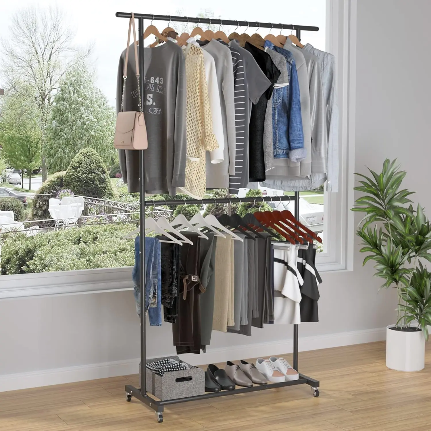 Double Rod Clothing Garment Rack, Rolling Clothes Organizer on Wheels for Hanging Clothes