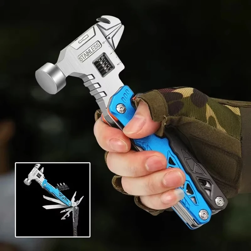 

Portable Multifunctional Wrench Hammer Outdoor Camping Emergency Tools Combination Stainless Steel Folding Nail Hammer
