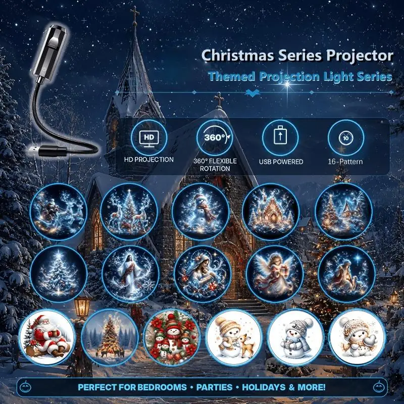 USB Christmas Projector Light 6/16 Patterns Santa Snowman Tree 360° Rotatable HD Projection Lamp For Home Bedroom Party Decor