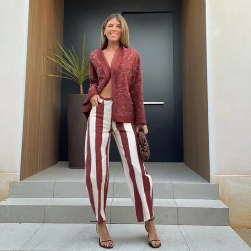 Casual Women's Red Striped Pants Button Zipper Double Pockets Straight Straight Leg Trouser 2026 Spring Summer Fashion Lady Pant