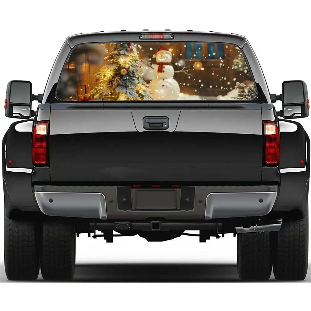 

Christmas Snowman Tree Print Car Rear Windshield Sticker Truck Window See Through Perforated Back Window Vinyl Decal Decoration