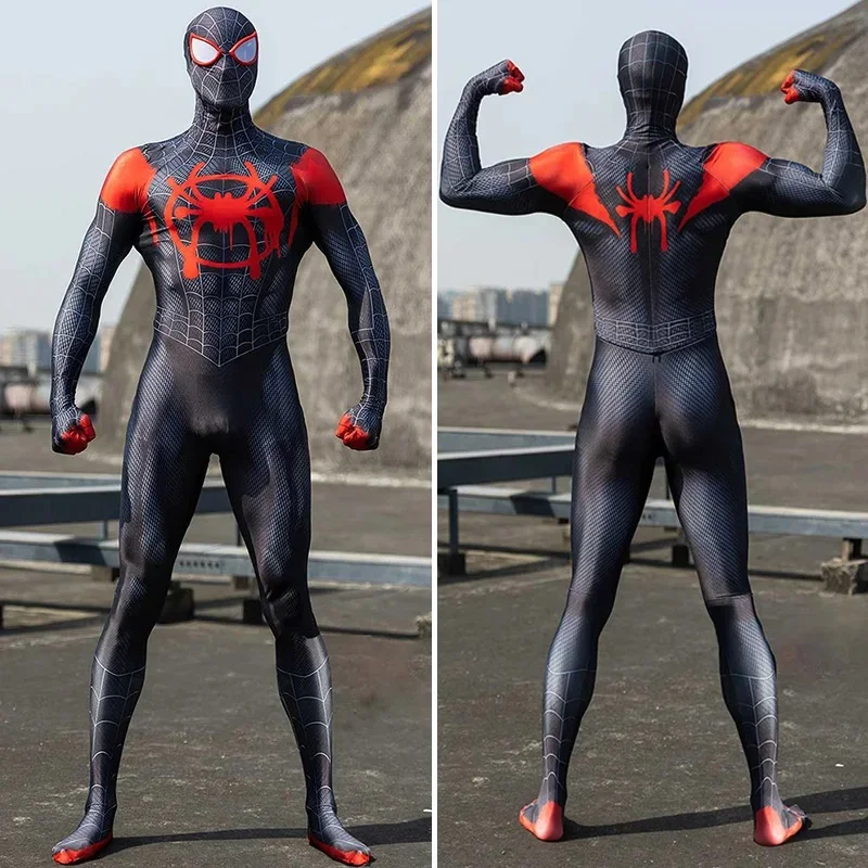 Disfraz de Spiderman Miles Morales para niños y adultos, mono de superhéroe con máscara