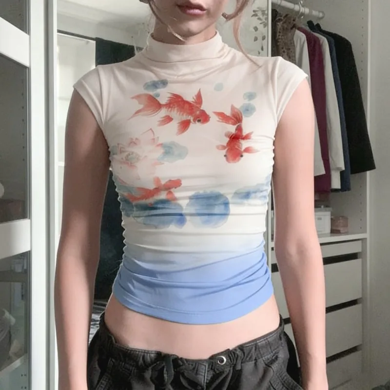 Women's Retro Vacation Style Goldfish Print Contrasting Stand Up Collar Short Sleeved T-shirt Slim Fit Slimming Casual Top