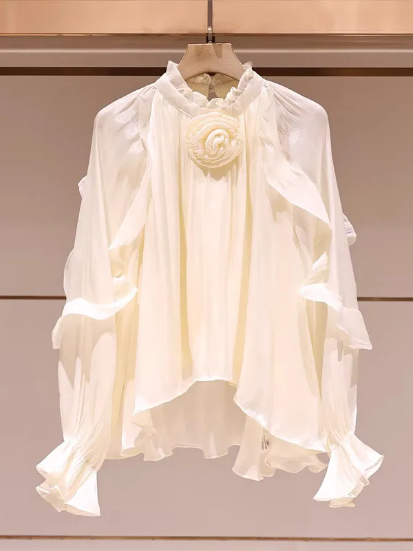 

Ele Long Sve Women's irt Spring 2026 Floral Embellied Blouse Unique Personali Age Reduction Luxury Top Korean Sle