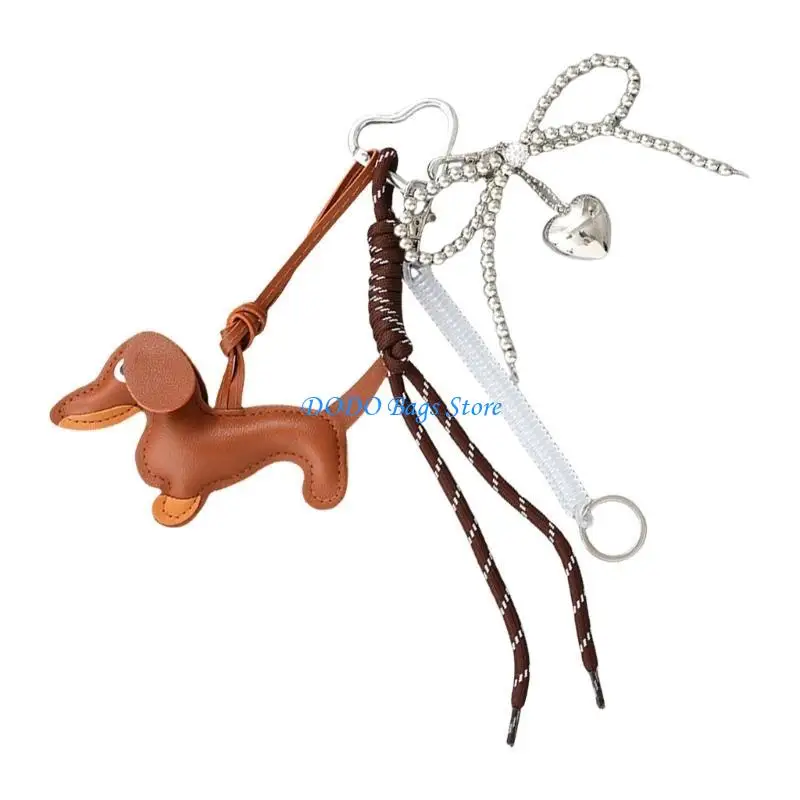 

E8FB Sausage Dog Keyrings Bows Keychains Fashion Keyholders PU Keychain Car Key Rings for Bag Backback Decoration