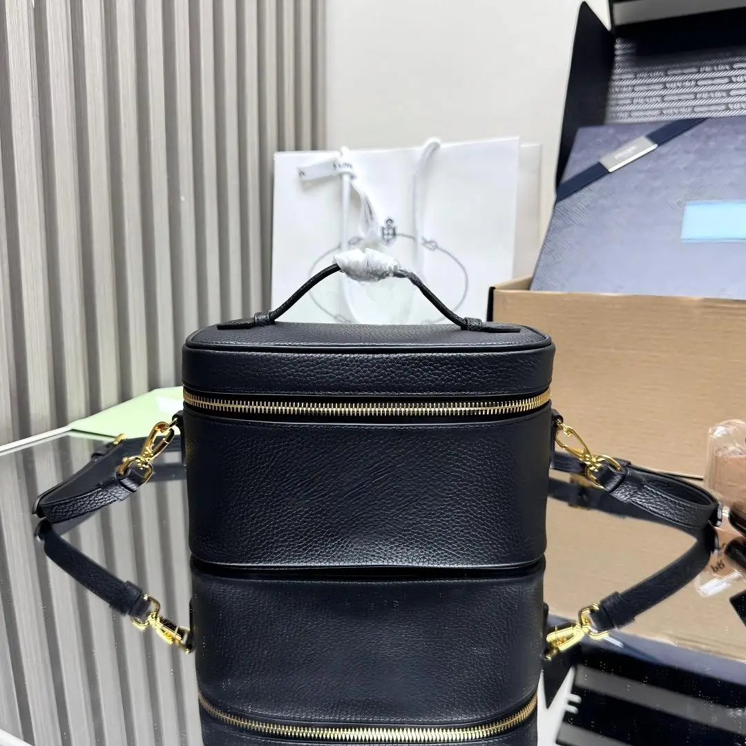 

Black Grained Leather Double-Layer Cylinder Bag with Top Handle, Minimalist Luxury Handbag for Daily Use & Travel