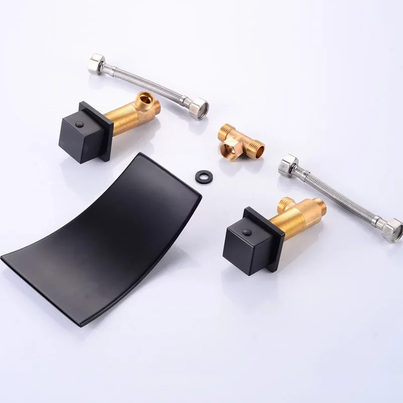 Brass one-piece wall paint black waterfall basin hot and cold faucet, three-hole basin bathtub faucet