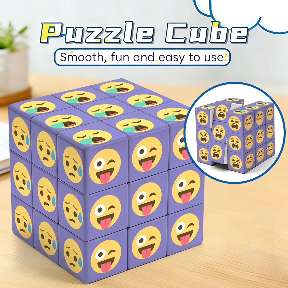Purple Emoji Pattern 3x3 Magic Cube - Speed Puzzle Toy with Funny Expressions