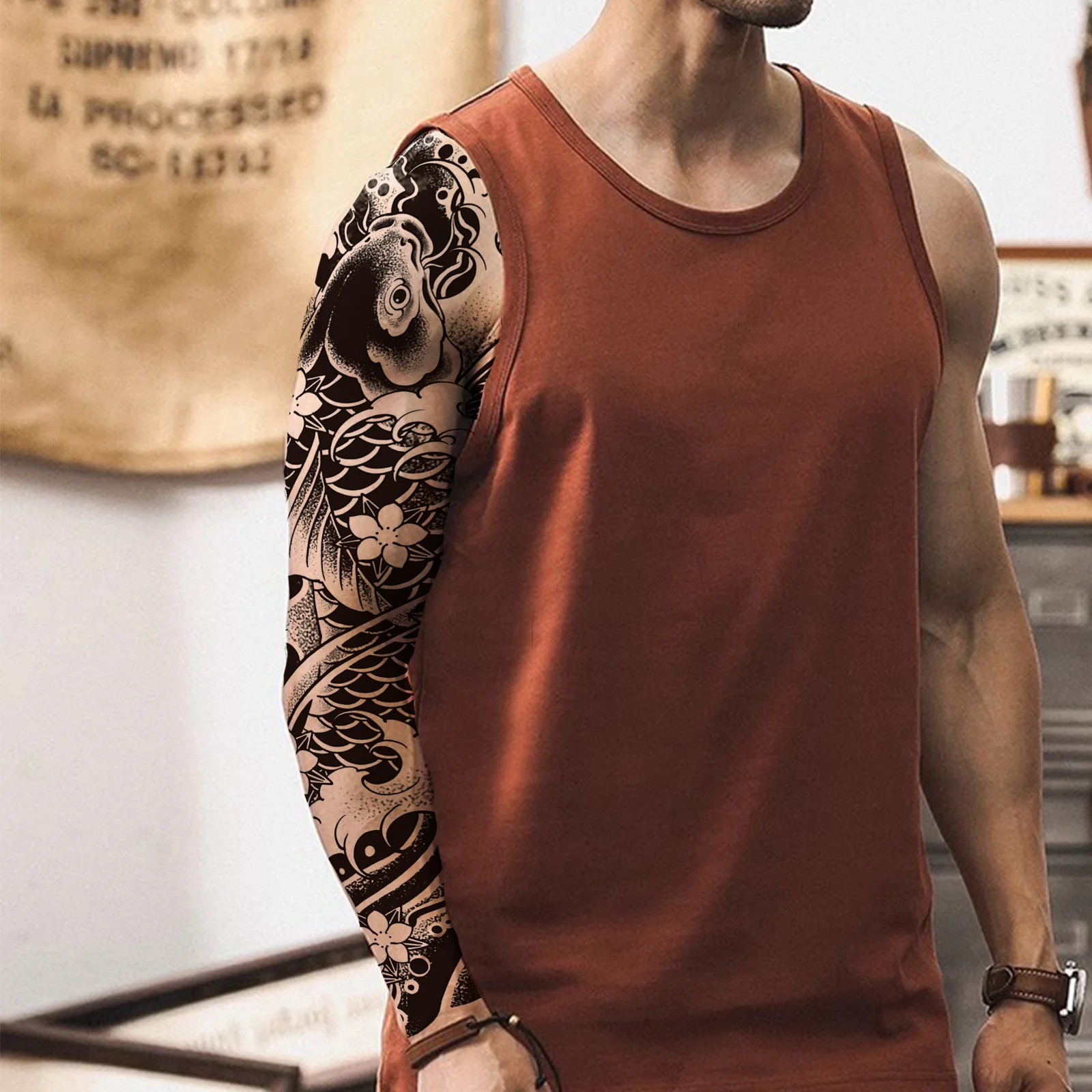 1 Sheet Large Half Arm Koi Wave Herbal Tattoo Patch, Flower Arm Tattoo, Waterproof and Durable Temporary Tattoo