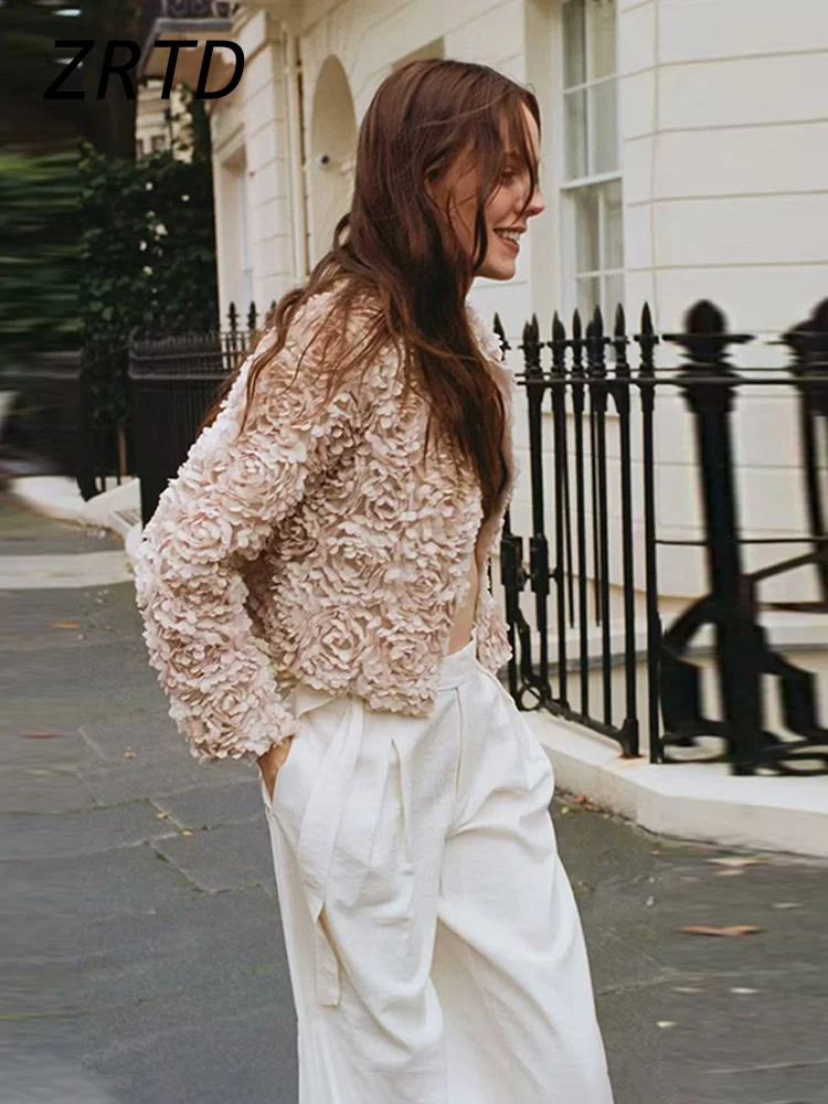 Veste Courte à Fleurs 3D pour Femme, Col Rond, Manches sulf, Fermeture Éclair, Élégante, à la Mode, Y2k, High Street OutChester, Automne 2024
