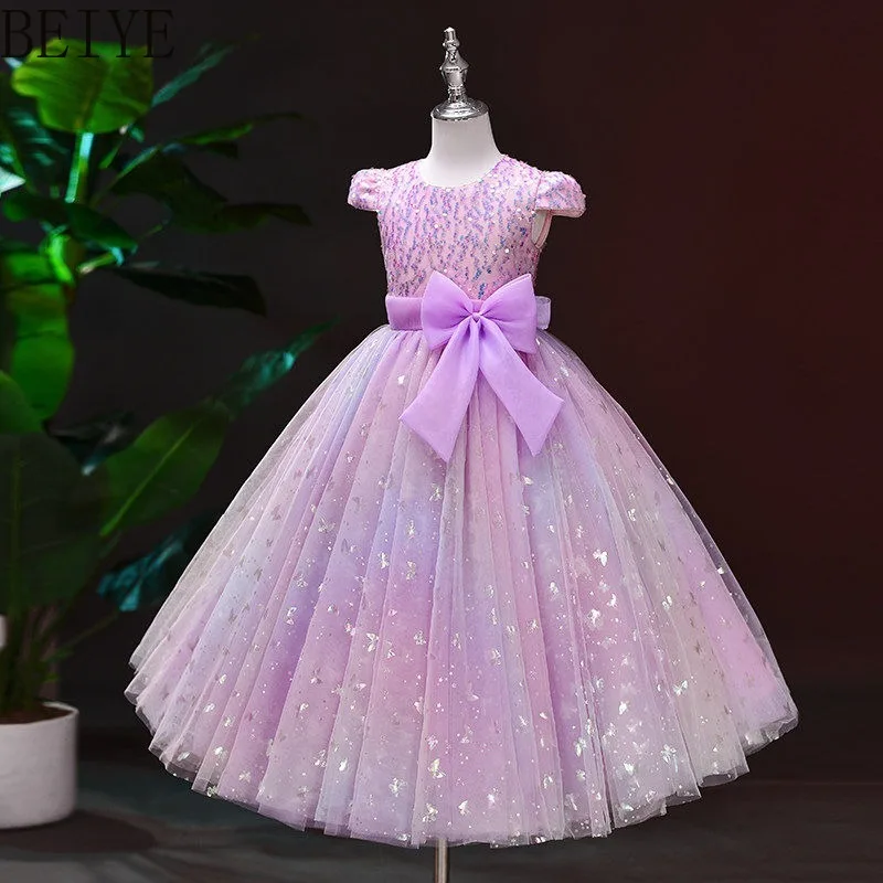 

High End Children's Birthday Princess Dress New Design Flower Girl Wedding Dress Girls Purple Sweet Bowknot Party Dress