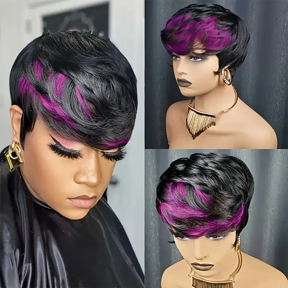 Short Bob Wig Human Hair Pre Plucked with Bangs Pixie Cut Black Mixed Purple Straight Machine Made Wigs for Black Women
