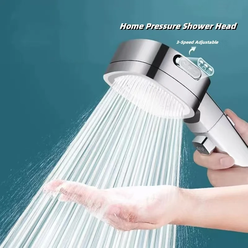 Cabeça de chuveiro de pressão doméstica, bico de chuveiro portátil, 3 velocidades, ajustável, massagem de água, acessórios de banheiro