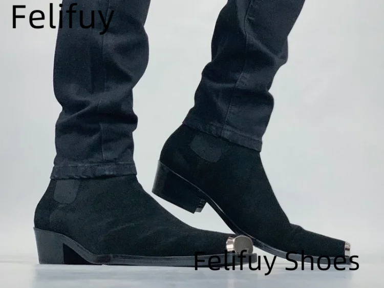

Retro Metal Decor Man Ankle Boots Square Toe Genuine Leather Square Heel Punk Slip On Ankle Stage Men Shoes For Autumn Winter
