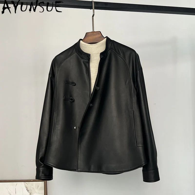 AYUNSUE-Veste courte en cuir véritable pour femme, manteau en peau de mouton véritable, vestes décontractées à col rond, Streetwear, 2023