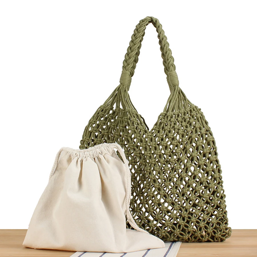 

Summer Net Beach Bag For Women Cotton Rope Knitted Bucket Shoulder Bags Reticulate Hollow Out Travel Shopper Totes Lady Handbags