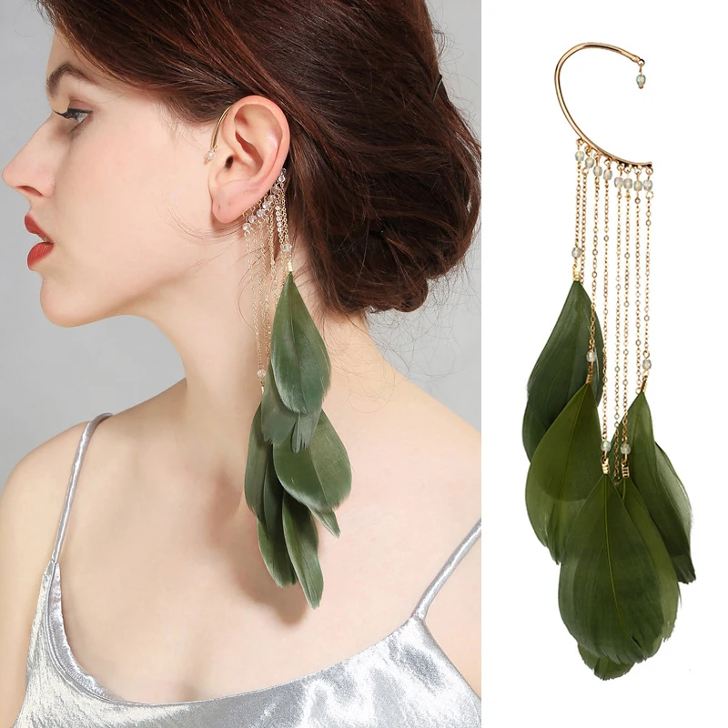1PC Unusual Bohemian Long Feather Cuff Clip On Earrings For Women Beads Chain Handmade Big Dangling Ear Cuffs Earrings Jewerly view 2