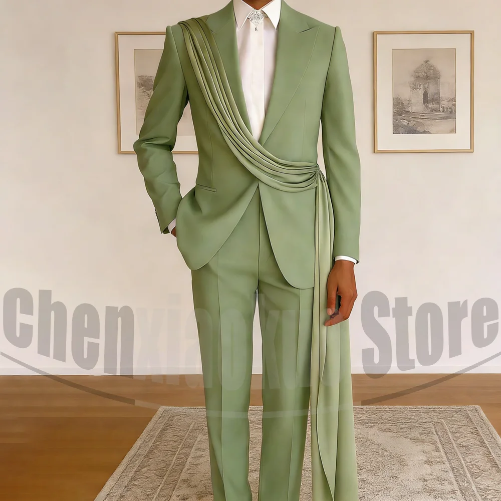 Fashion Men's Suit with Drape Detail Peak Lapel Blazer and Pants Chic Smart Casual Formal Wedding Party Prom Tuxedo 2 Piece
